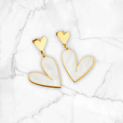 Gold-Plated Double Heart Drop Earrings with Pearl Inlay