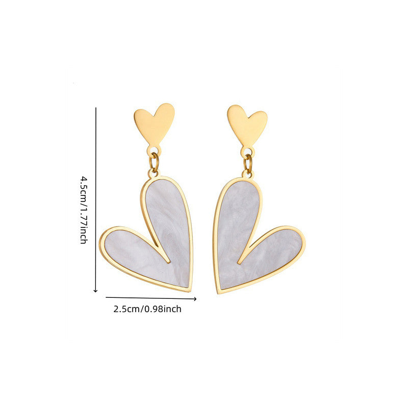 Gold-Plated Double Heart Drop Earrings with Pearl Inlay