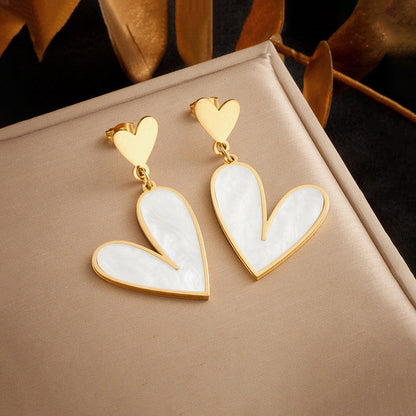 Gold-Plated Double Heart Drop Earrings with Pearl Inlay