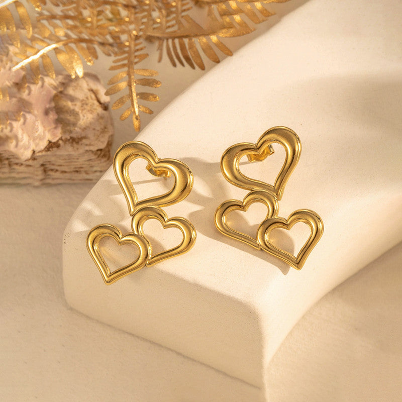 Gold-Plated Triple Heart Drop Earrings