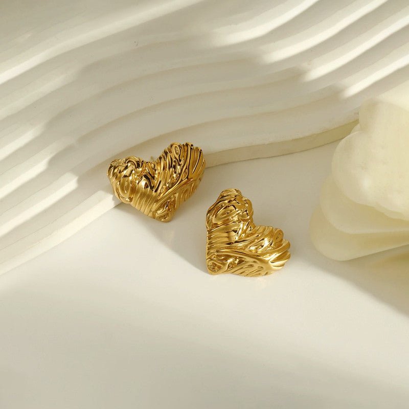 Gold-Plated Textured Heart Stud Earrings