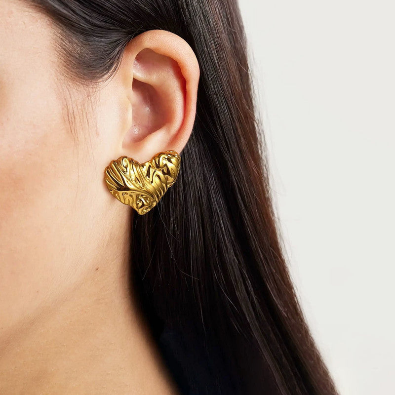 Gold-Plated Textured Heart Stud Earrings