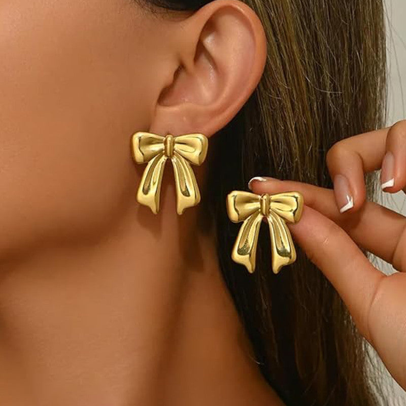 Gold-Plated Ribbon Bow Drop Earrings