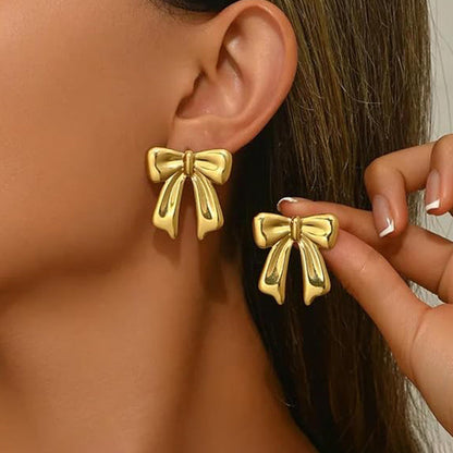 Gold-Plated Ribbon Bow Drop Earrings