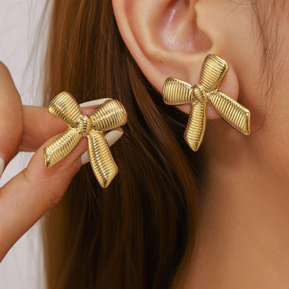 Gold-Plated Textured Bow Stud Earrings