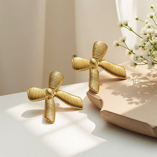 Gold-Plated Textured Bow Stud Earrings
