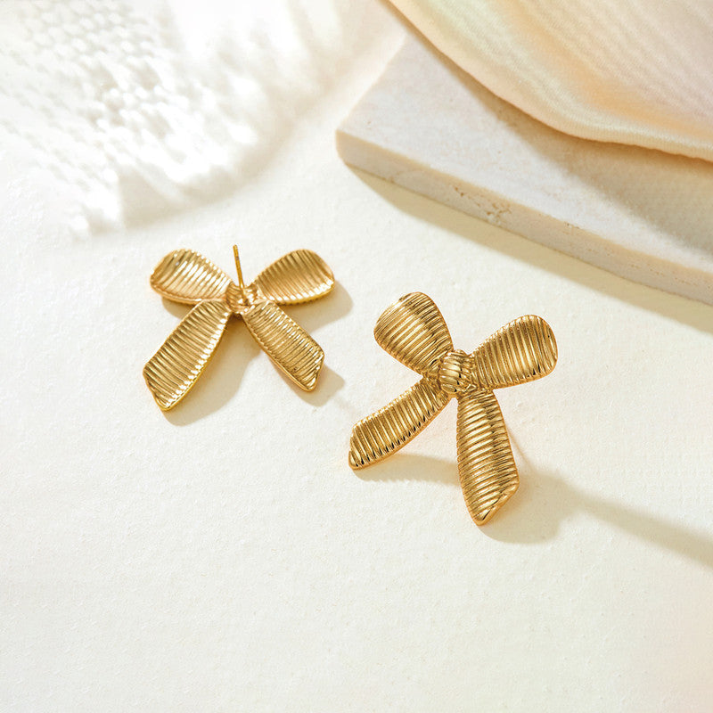 Gold-Plated Textured Bow Stud Earrings