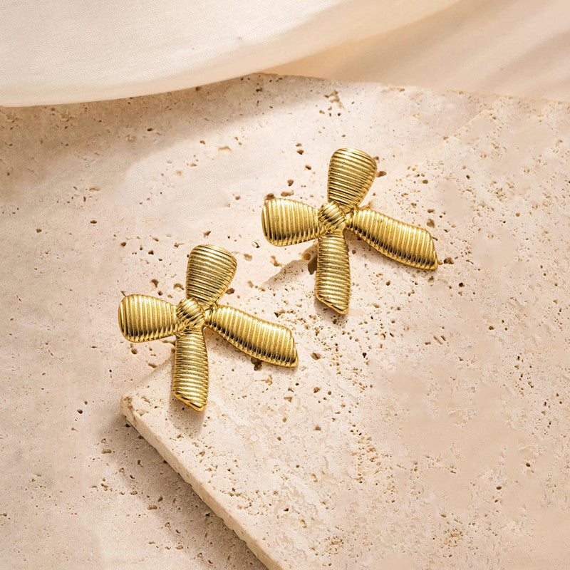 Gold-Plated Textured Bow Stud Earrings