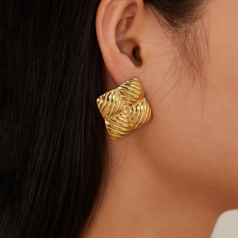 Gold-Plated Textured Square Statement Earrings