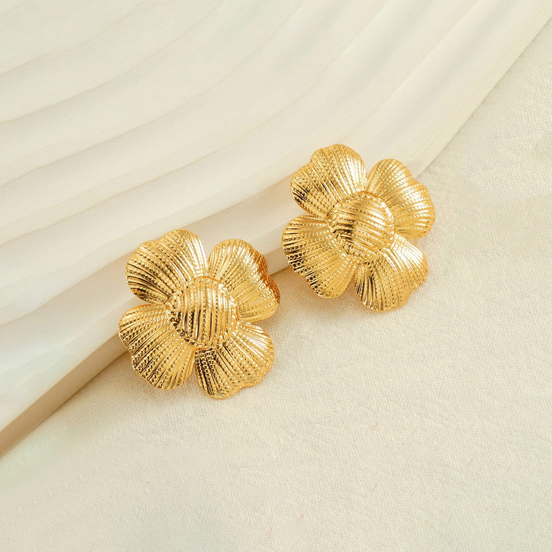 Gold-Plated Textured Flower Stud Earrings