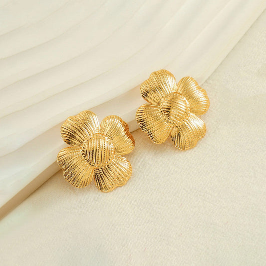 Gold-Plated Textured Flower Stud Earrings