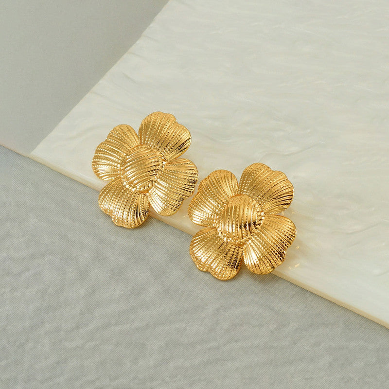 Gold-Plated Textured Flower Stud Earrings