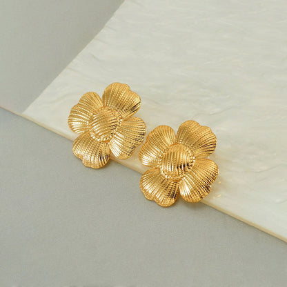 Gold-Plated Textured Flower Stud Earrings