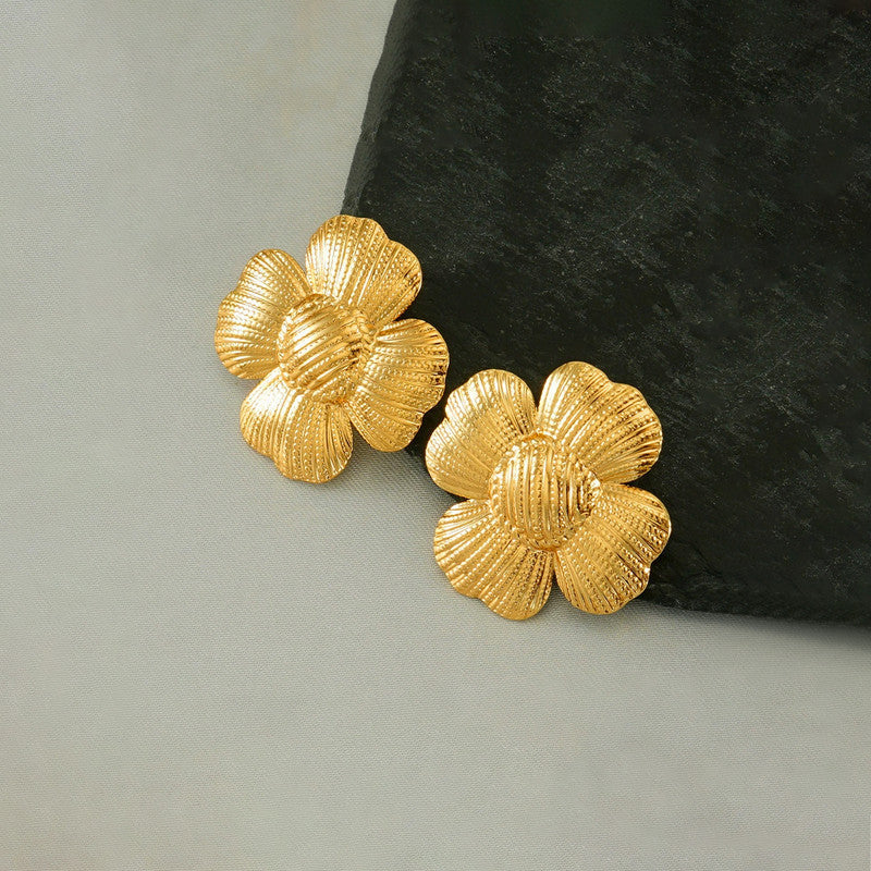 Gold-Plated Textured Flower Stud Earrings