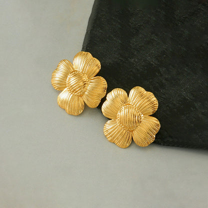 Gold-Plated Textured Flower Stud Earrings