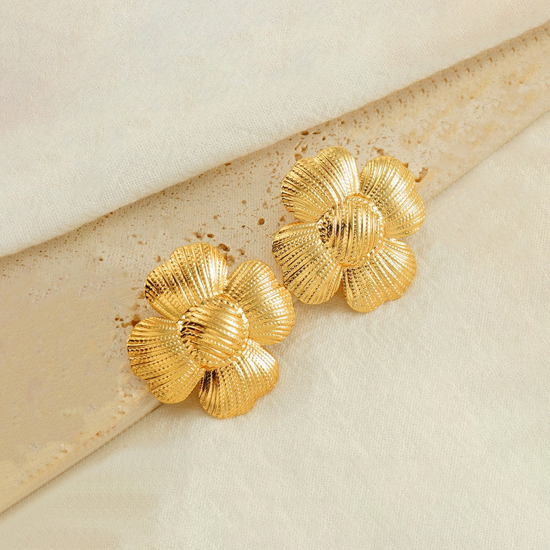 Gold-Plated Textured Flower Stud Earrings