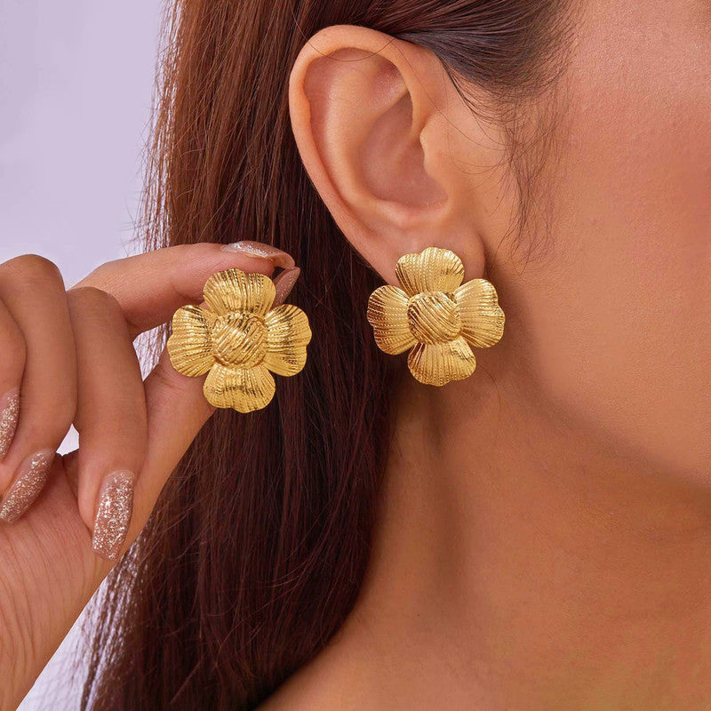 Gold-Plated Textured Flower Stud Earrings