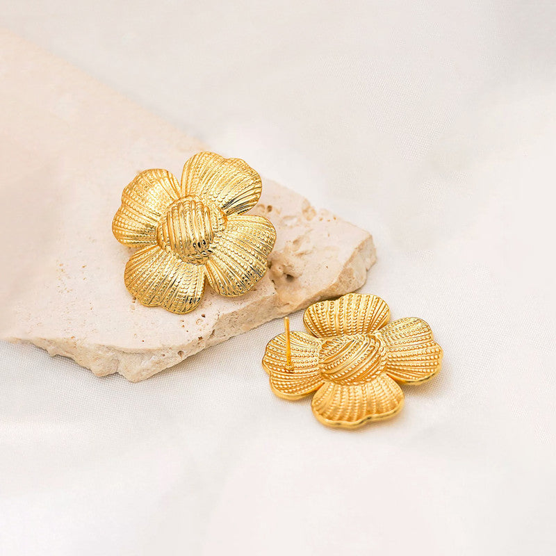 Gold-Plated Textured Flower Stud Earrings