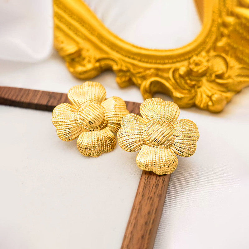 Gold-Plated Textured Flower Stud Earrings