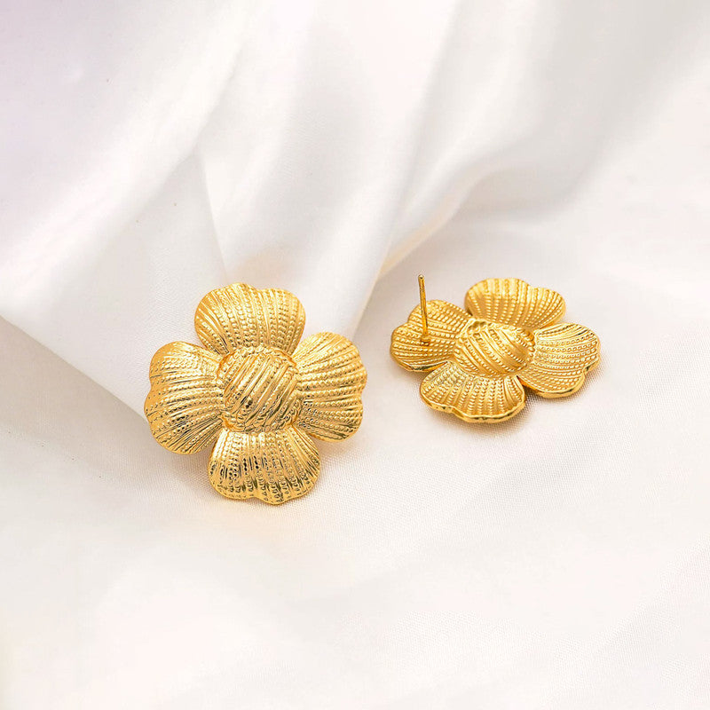 Gold-Plated Textured Flower Stud Earrings