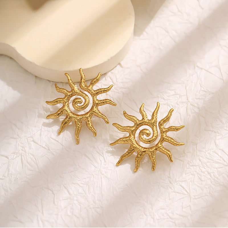 Gold-Plated Spiral Sun Statement Earrings