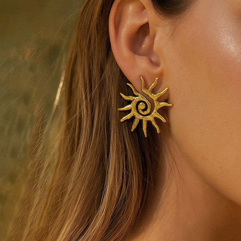 Gold-Plated Spiral Sun Statement Earrings