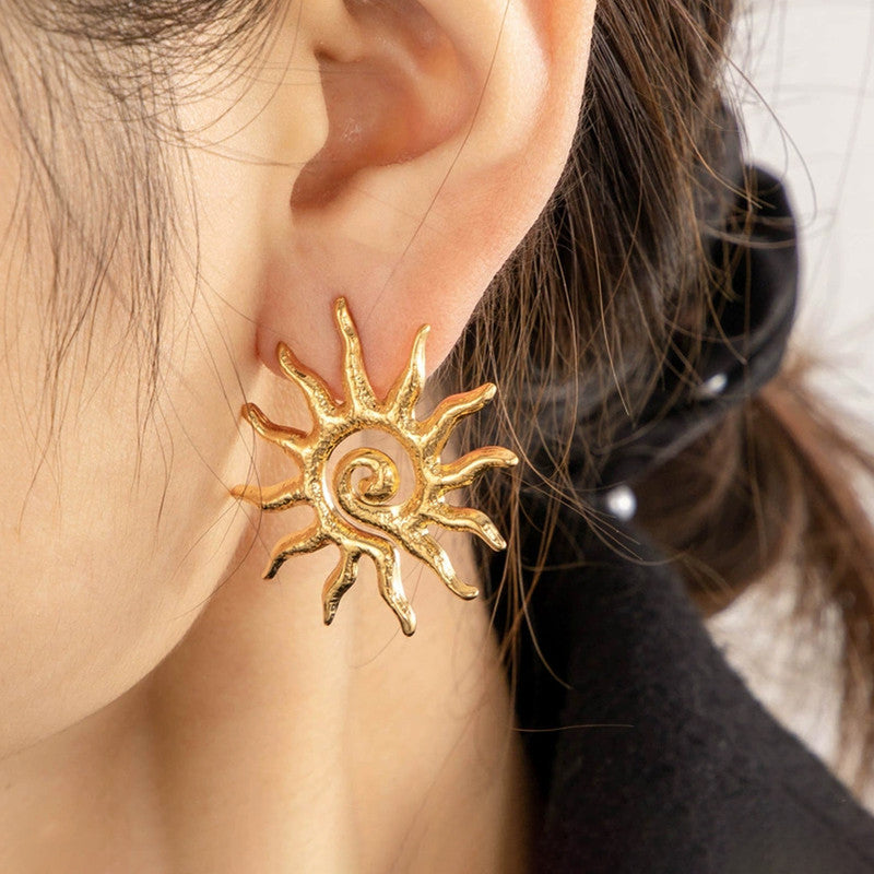 Gold-Plated Spiral Sun Statement Earrings