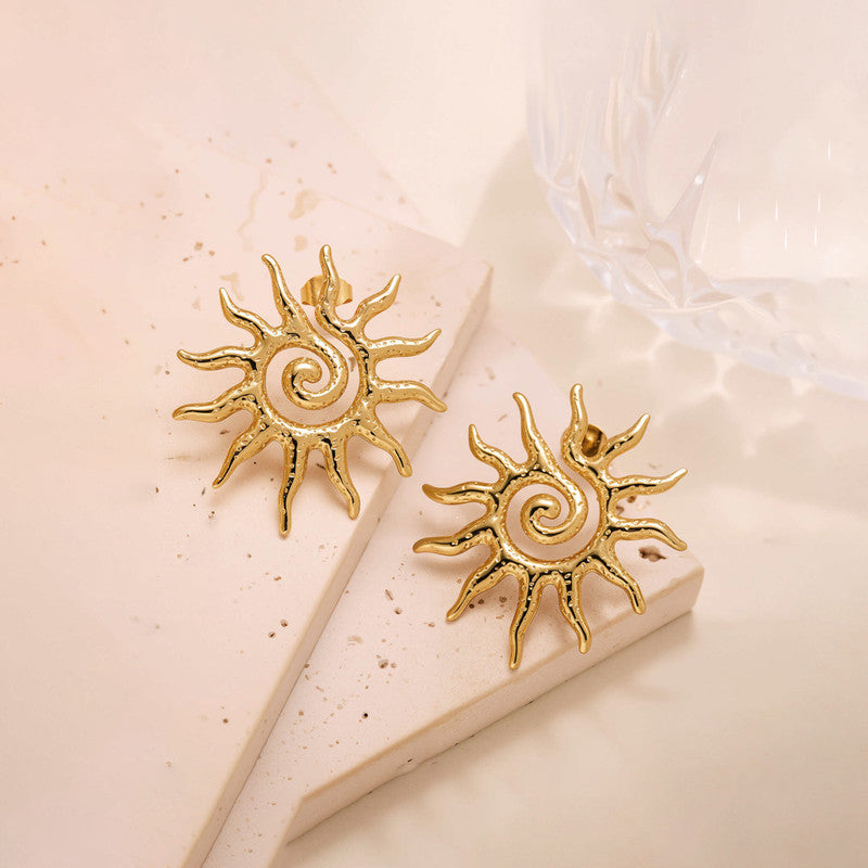 Gold-Plated Spiral Sun Statement Earrings