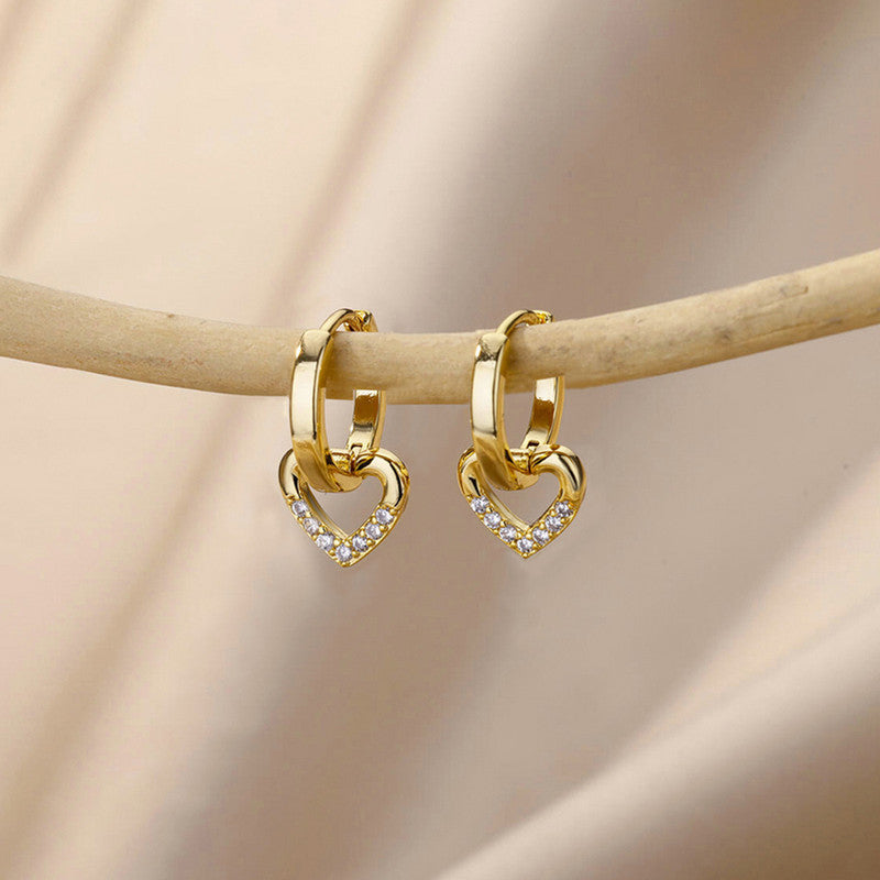 Gold-Plated Heart Drop Hoop Earrings with Crystals