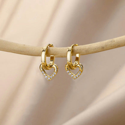 Gold-Plated Heart Drop Hoop Earrings with Crystals