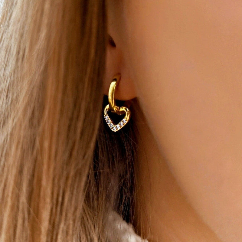 Gold-Plated Heart Drop Hoop Earrings with Crystals
