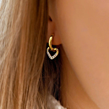 Gold-Plated Heart Drop Hoop Earrings with Crystals