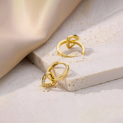 Gold-Plated Heart Drop Hoop Earrings with Crystals