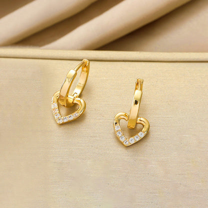 Gold-Plated Heart Drop Hoop Earrings with Crystals