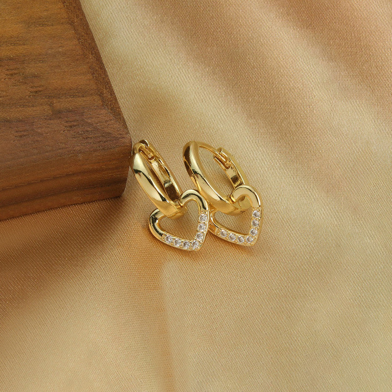 Gold-Plated Heart Drop Hoop Earrings with Crystals