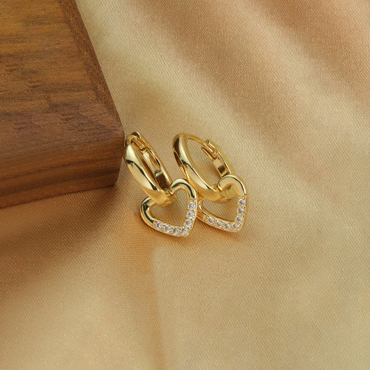 Gold-Plated Heart Drop Hoop Earrings with Crystals
