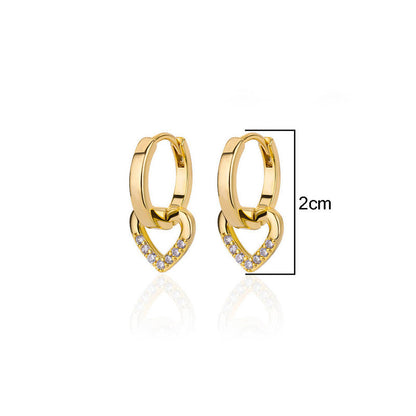 Gold-Plated Heart Drop Hoop Earrings with Crystals