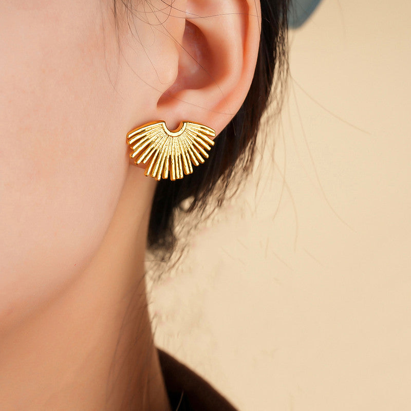 Gold-Plated Sunburst Fan Stud Earrings