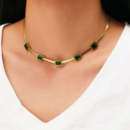 Gold-Plated Choker Necklace with Green Stone Accents