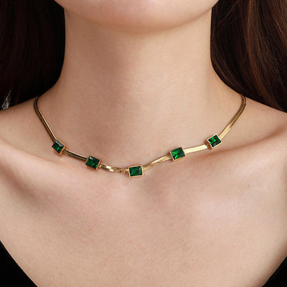 Gold-Plated Choker Necklace with Green Stone Accents