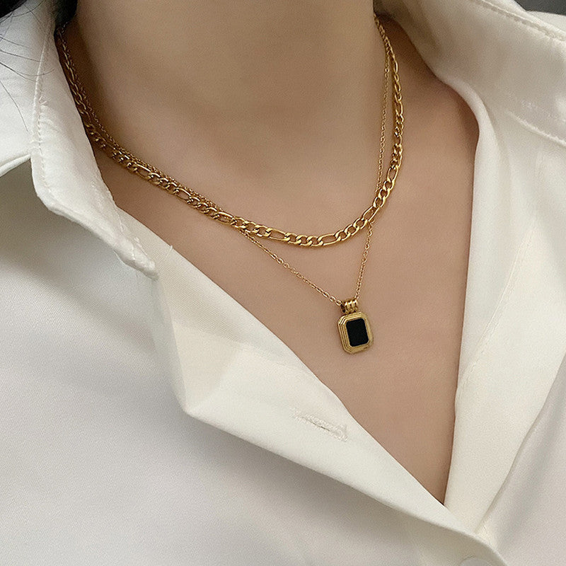 Gold-Plated Layered Chain Necklace with Black Stone Pendant