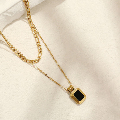 Gold-Plated Layered Chain Necklace with Black Stone Pendant