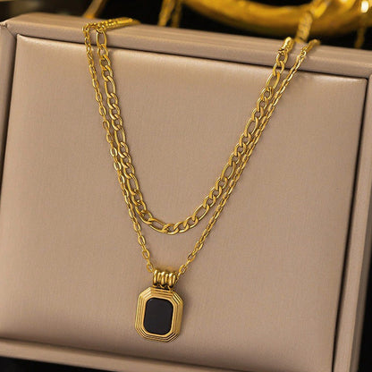 Gold-Plated Layered Chain Necklace with Black Stone Pendant