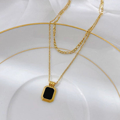 Gold-Plated Layered Chain Necklace with Black Stone Pendant