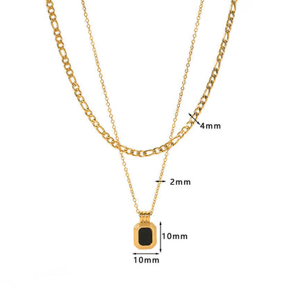 Gold-Plated Layered Chain Necklace with Black Stone Pendant