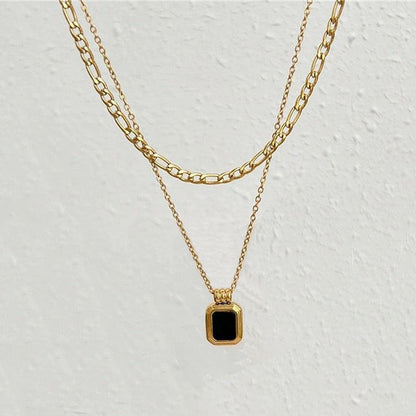 Gold-Plated Layered Chain Necklace with Black Stone Pendant