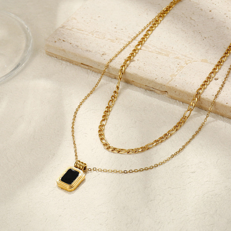 Gold-Plated Layered Chain Necklace with Black Stone Pendant