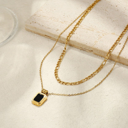 Gold-Plated Layered Chain Necklace with Black Stone Pendant
