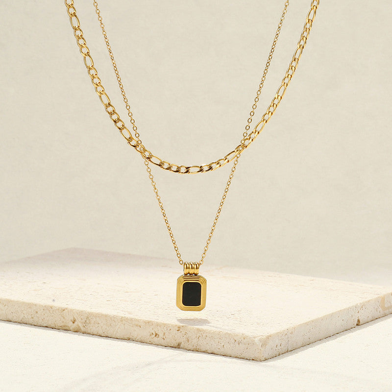 Gold-Plated Layered Chain Necklace with Black Stone Pendant