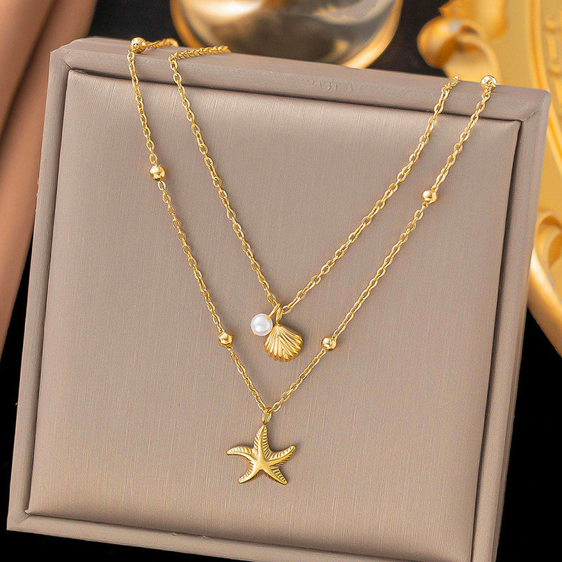 Gold-Plated Layered Starfish & Shell Necklace with Pearl Accent